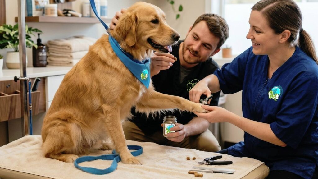 Two professional groomers carefully and gently trimming the nails of a calm, comfortable medium-sized dog in a stress-free, brightly lit cage-free spa setting in Cutler Bay.